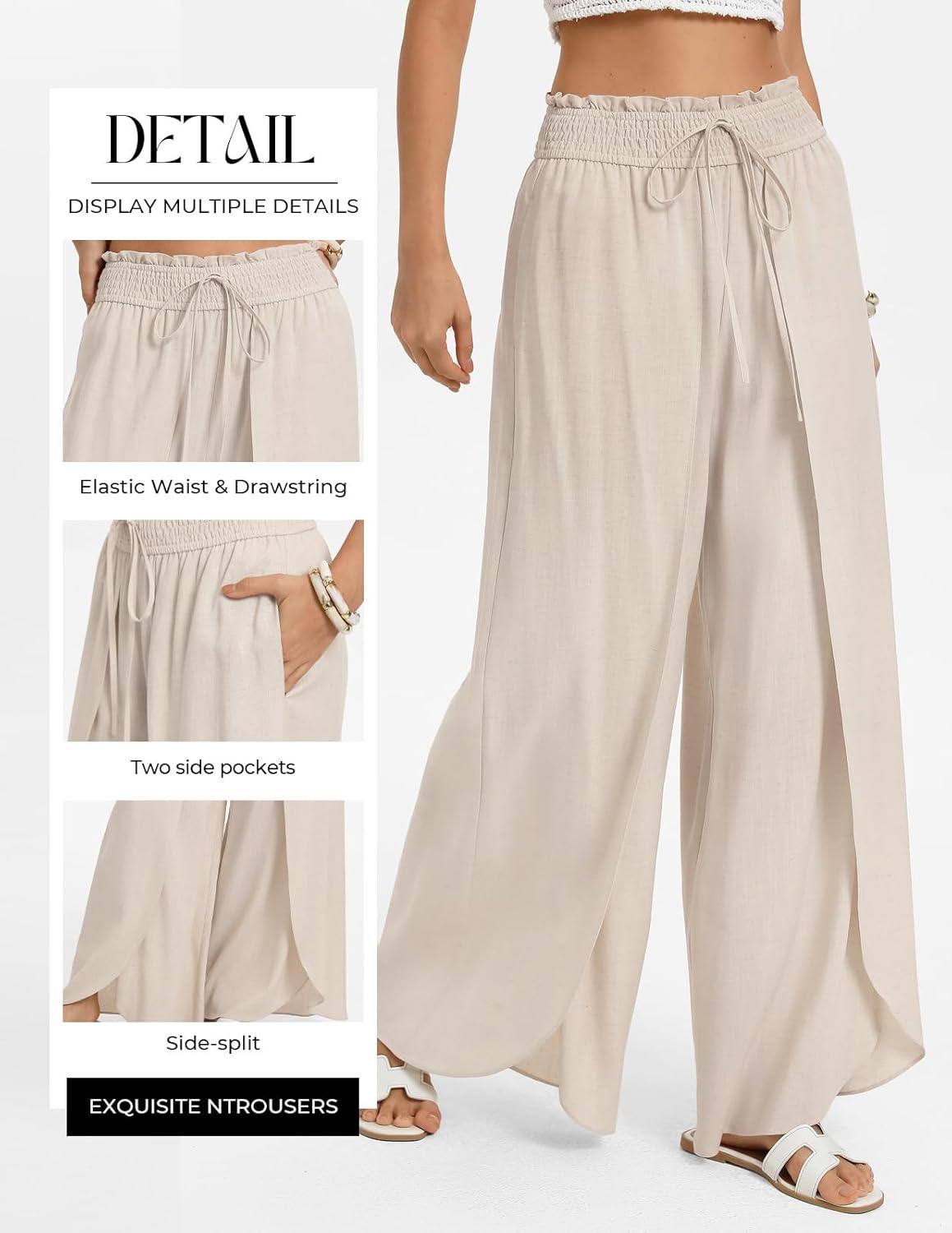 imageGRACE KARIN Womens Wide Leg Summer Pants Flowy Side Split Palazzo Beach Pants Boho Drawstring High Waisted TrousersApricot