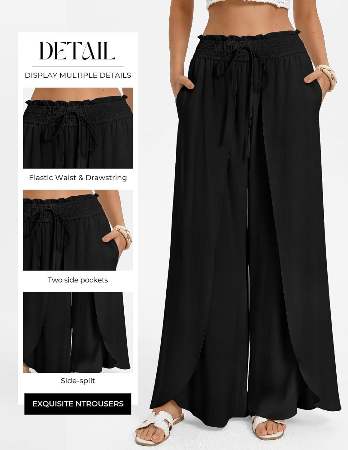 imageGRACE KARIN Womens Wide Leg Summer Pants Flowy Side Split Palazzo Beach Pants Boho Drawstring High Waisted TrousersBlack
