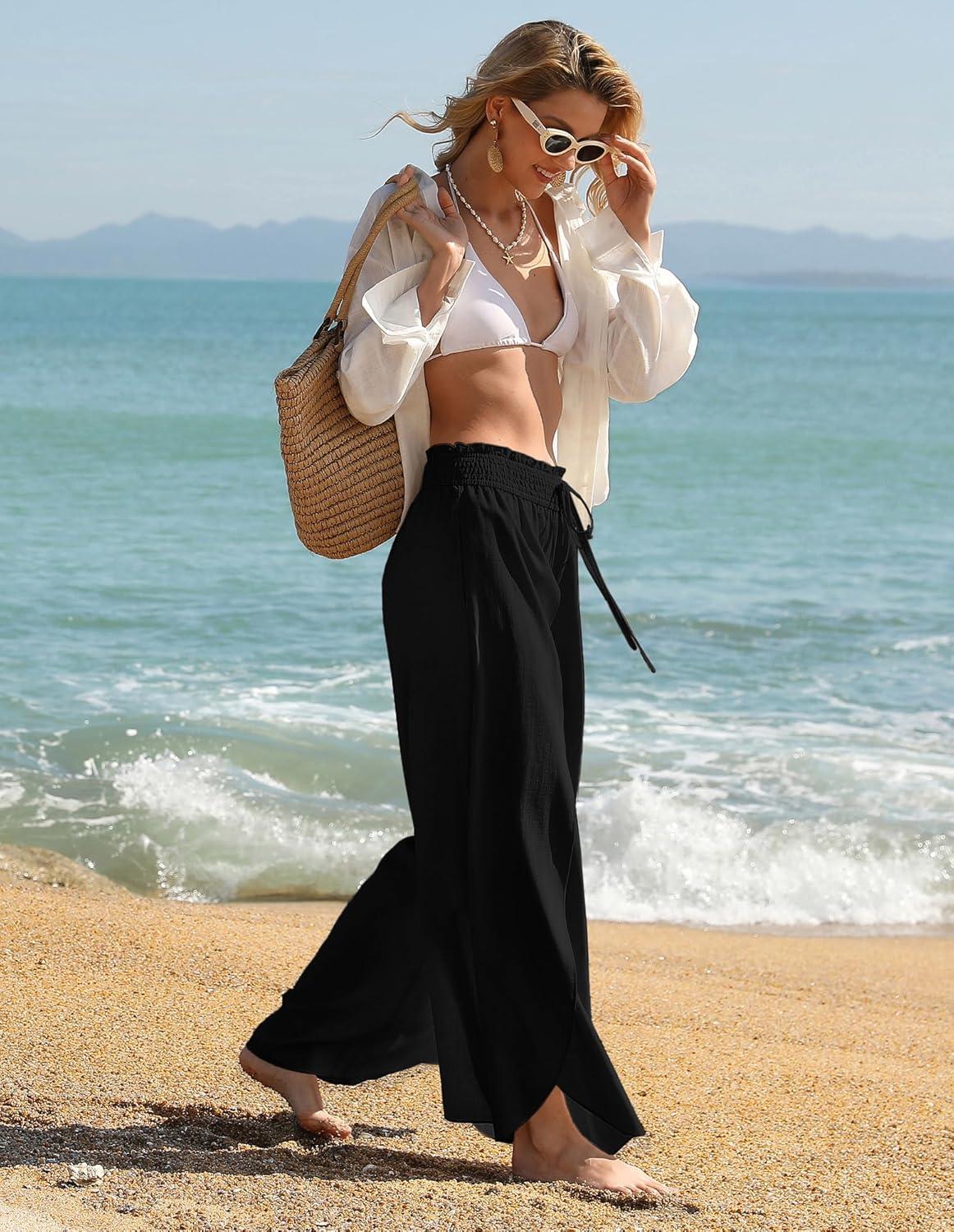 imageGRACE KARIN Womens Wide Leg Summer Pants Flowy Side Split Palazzo Beach Pants Boho Drawstring High Waisted TrousersBlack