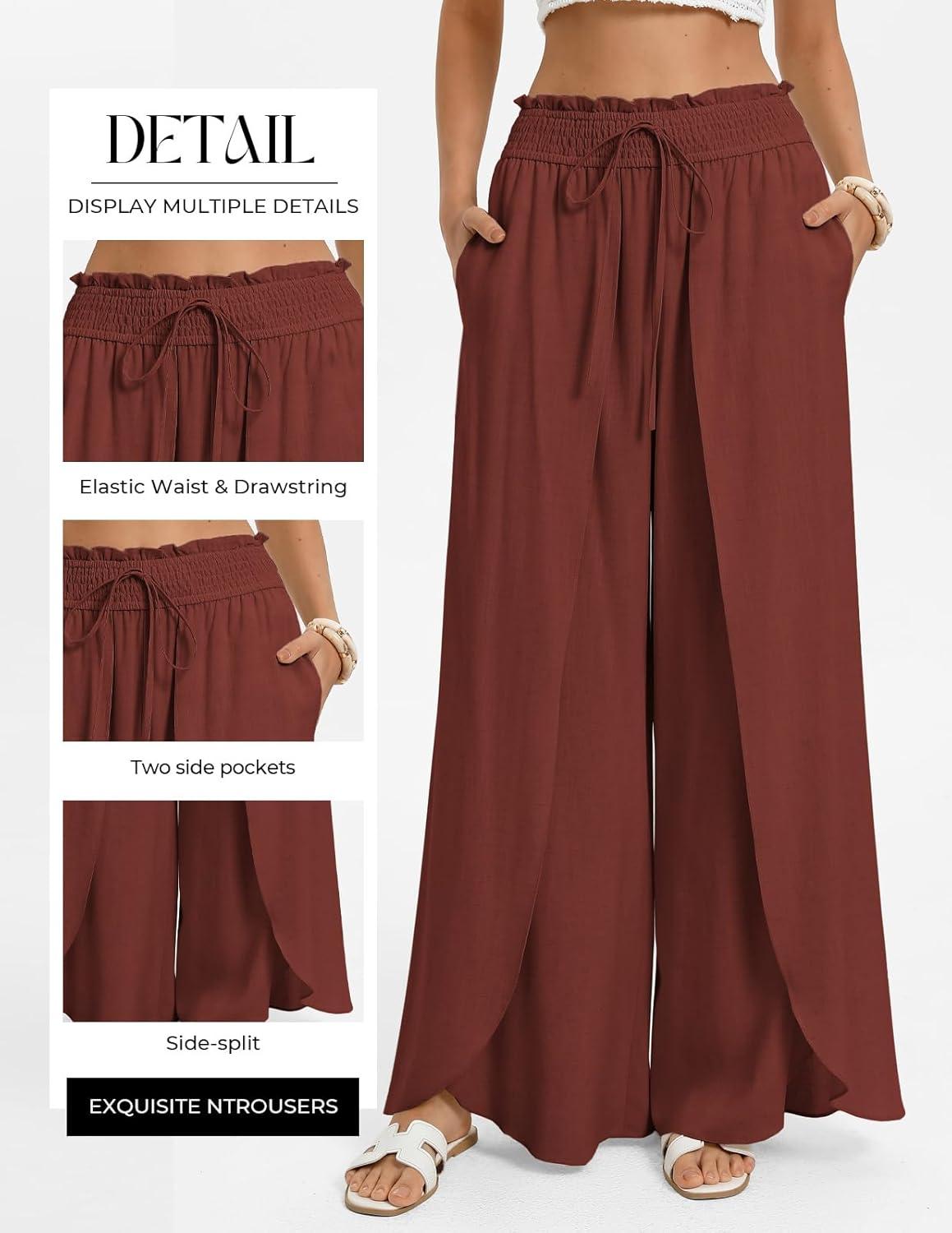 imageGRACE KARIN Womens Wide Leg Summer Pants Flowy Side Split Palazzo Beach Pants Boho Drawstring High Waisted TrousersOrange Red