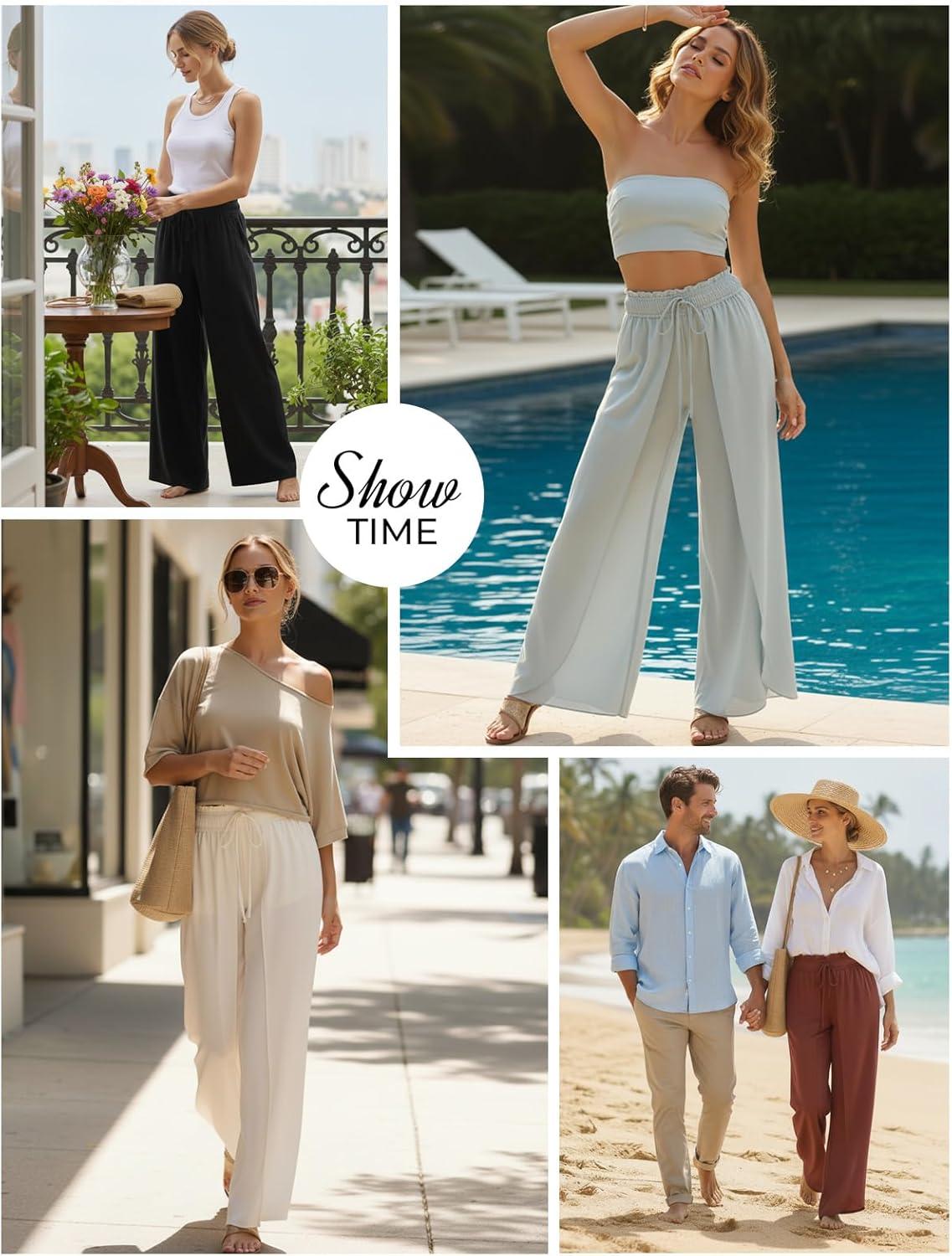 imageGRACE KARIN Womens Wide Leg Summer Pants Flowy Side Split Palazzo Beach Pants Boho Drawstring High Waisted TrousersOrange Red