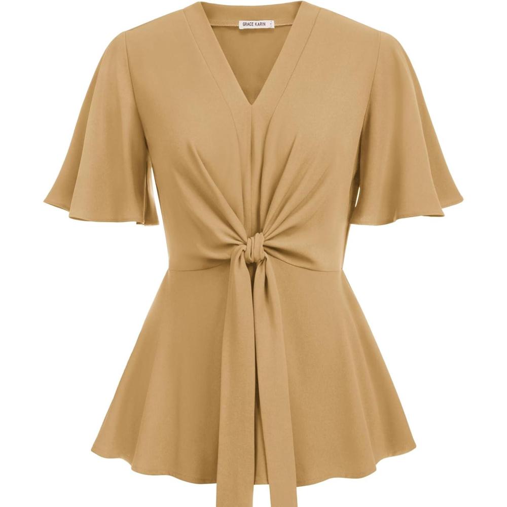 imageGRACE KARIN 2026 Womens Elegant V Neck Peplum Tops Tie Front Short Bell Sleeve Shirts Tops BlouseApricot
