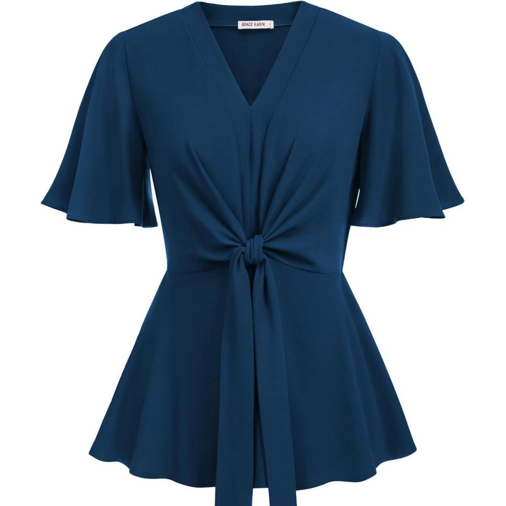 imageGRACE KARIN 2026 Womens Elegant V Neck Peplum Tops Tie Front Short Bell Sleeve Shirts Tops BlouseDark Blue