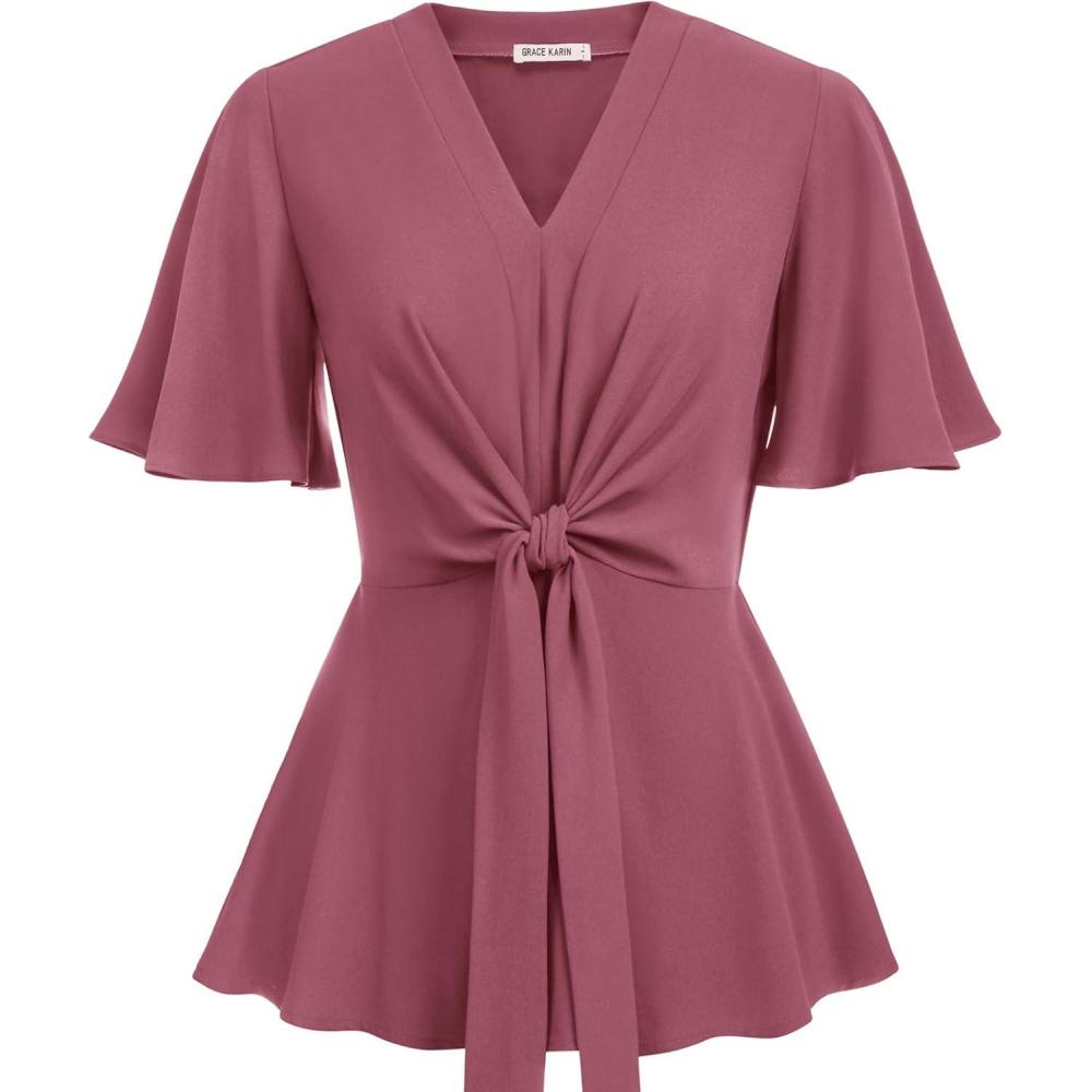 imageGRACE KARIN 2026 Womens Elegant V Neck Peplum Tops Tie Front Short Bell Sleeve Shirts Tops BlouseDark Pink