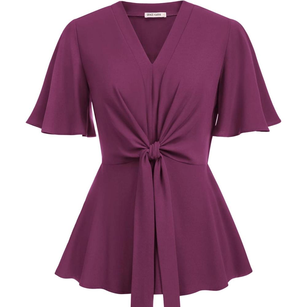 imageGRACE KARIN 2026 Womens Elegant V Neck Peplum Tops Tie Front Short Bell Sleeve Shirts Tops BlouseDark Rose Red