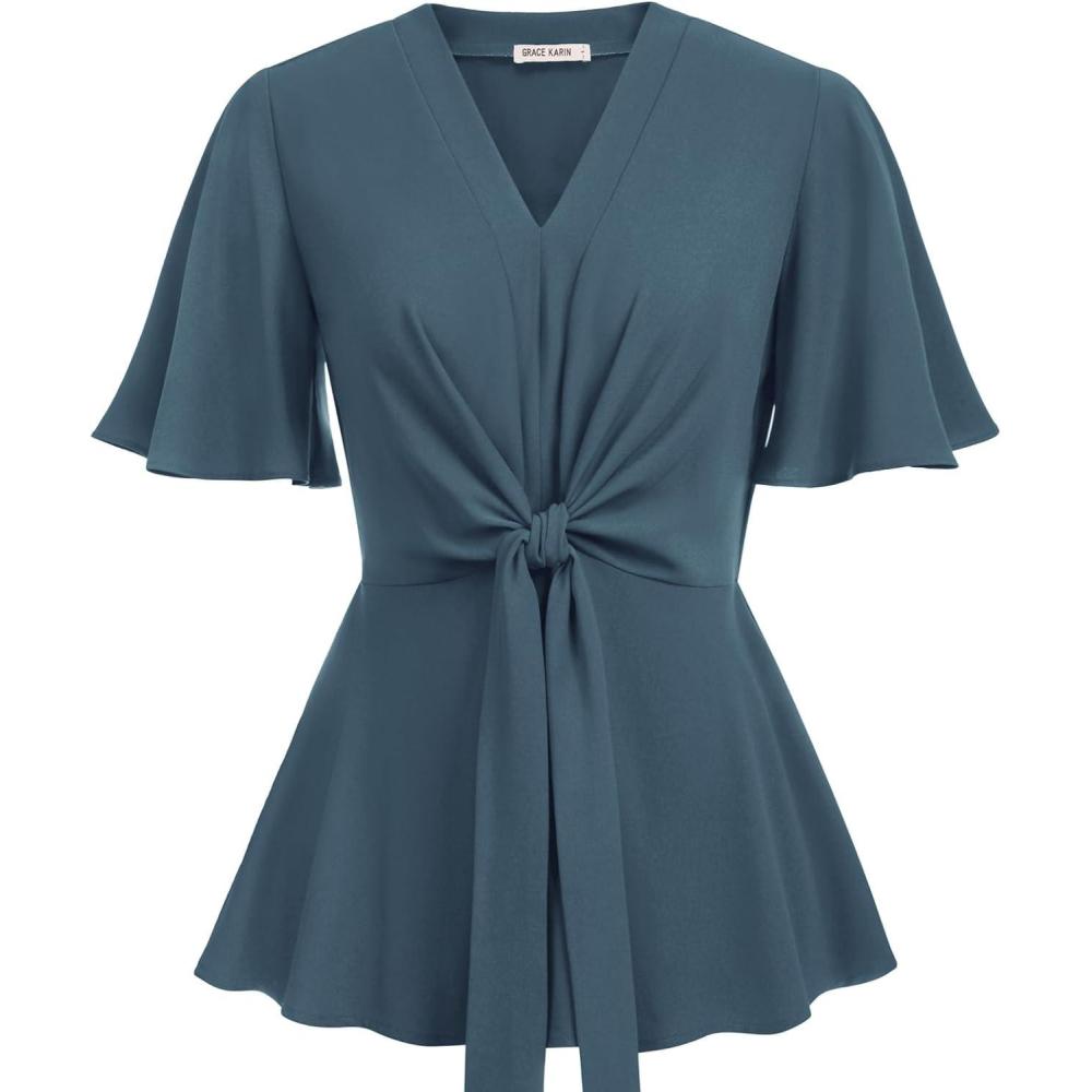 imageGRACE KARIN 2026 Womens Elegant V Neck Peplum Tops Tie Front Short Bell Sleeve Shirts Tops BlouseGrey Blue