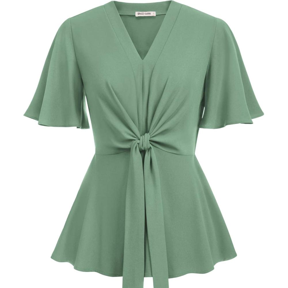 imageGRACE KARIN 2026 Womens Elegant V Neck Peplum Tops Tie Front Short Bell Sleeve Shirts Tops BlouseLight Green