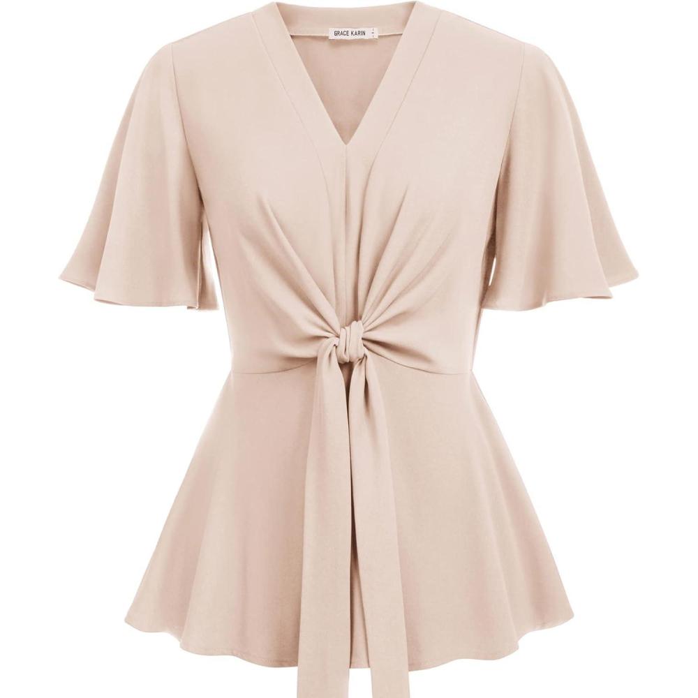 imageGRACE KARIN 2026 Womens Elegant V Neck Peplum Tops Tie Front Short Bell Sleeve Shirts Tops BlouseLight Khaki