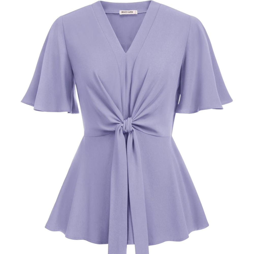 imageGRACE KARIN 2026 Womens Elegant V Neck Peplum Tops Tie Front Short Bell Sleeve Shirts Tops BlouseLilac