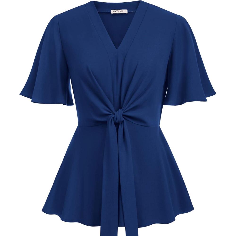 imageGRACE KARIN 2026 Womens Elegant V Neck Peplum Tops Tie Front Short Bell Sleeve Shirts Tops BlouseNavy Blue