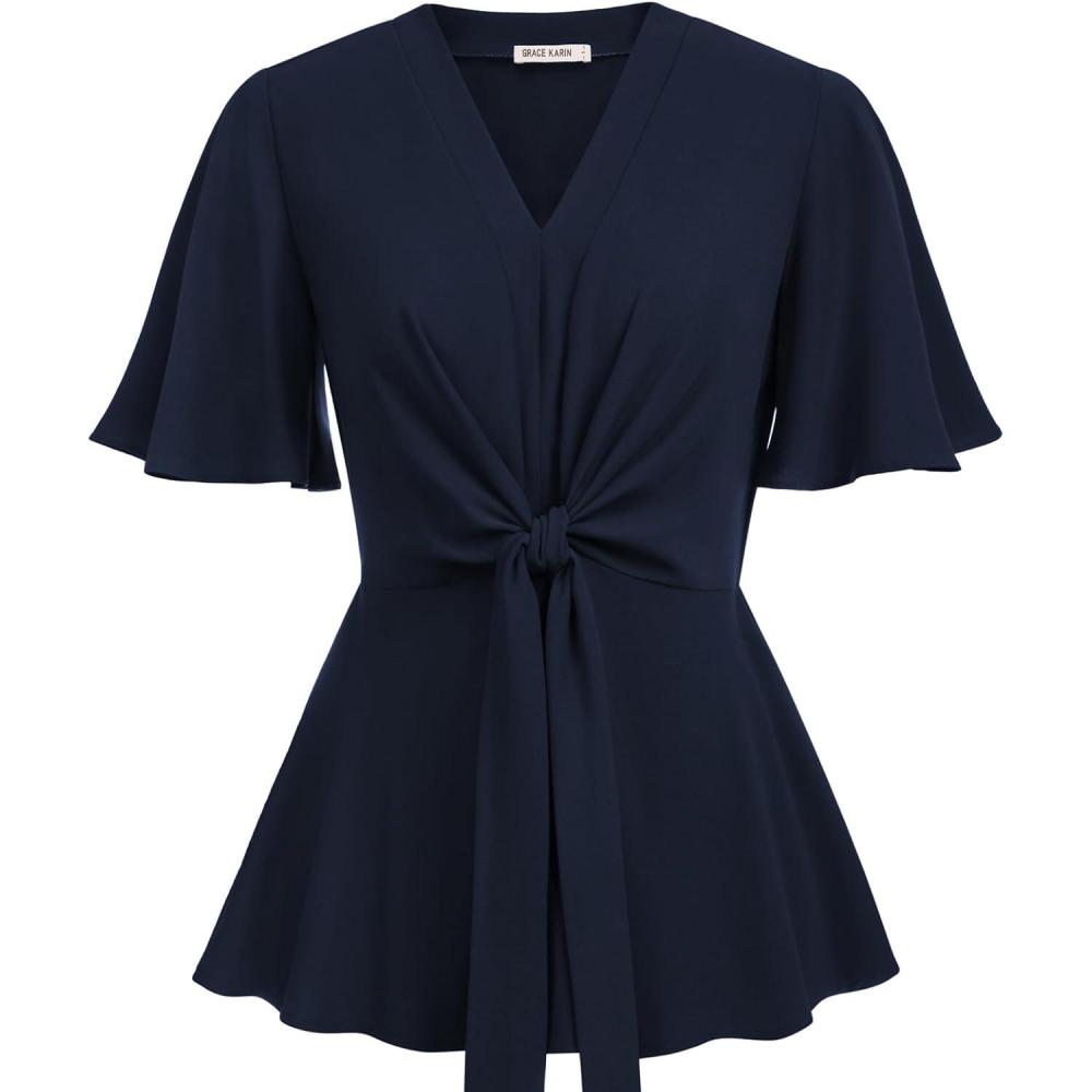 imageGRACE KARIN 2026 Womens Elegant V Neck Peplum Tops Tie Front Short Bell Sleeve Shirts Tops BlouseNavy Blue1