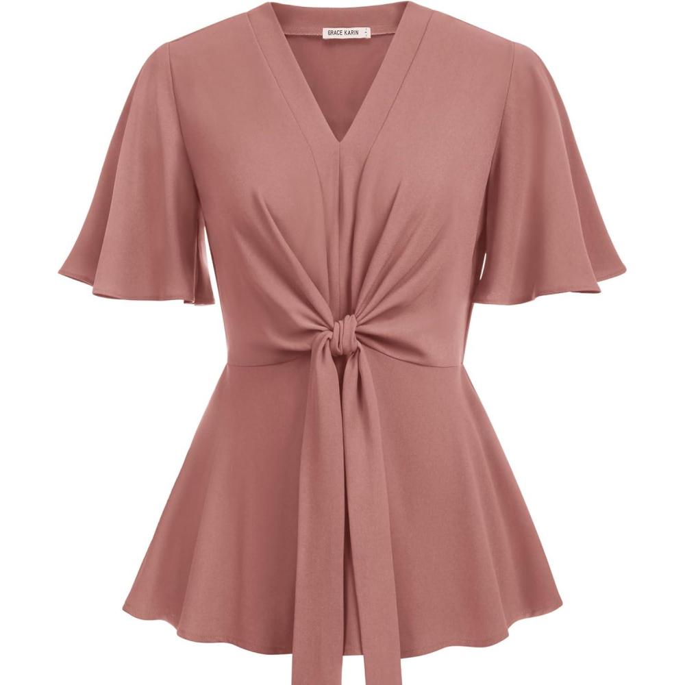 imageGRACE KARIN 2026 Womens Elegant V Neck Peplum Tops Tie Front Short Bell Sleeve Shirts Tops BlousePink