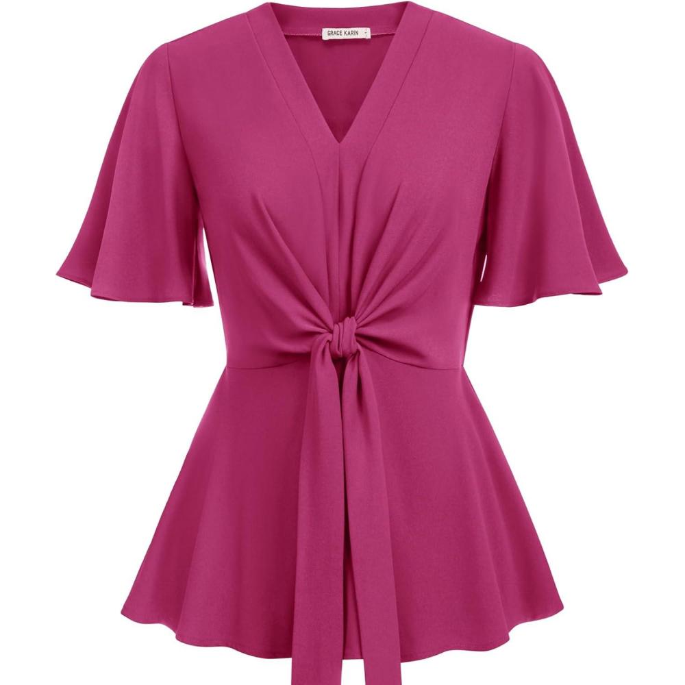 imageGRACE KARIN 2026 Womens Elegant V Neck Peplum Tops Tie Front Short Bell Sleeve Shirts Tops BlouseRose Red