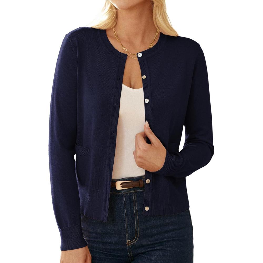 imageGRACE KARIN Cardigan Sweaters for Women Fall Fashion Crew Neck Button up Cardigan Long Sleeve Lightweight Cardigans 2025Navy Blue