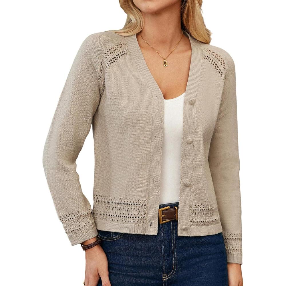 imageGRACE KARIN Cotton Cropped Cardigan Sweater for Women Lightweight V neck Button Up Sweater Spring Summer Fashion Clothes 2026Apricot
