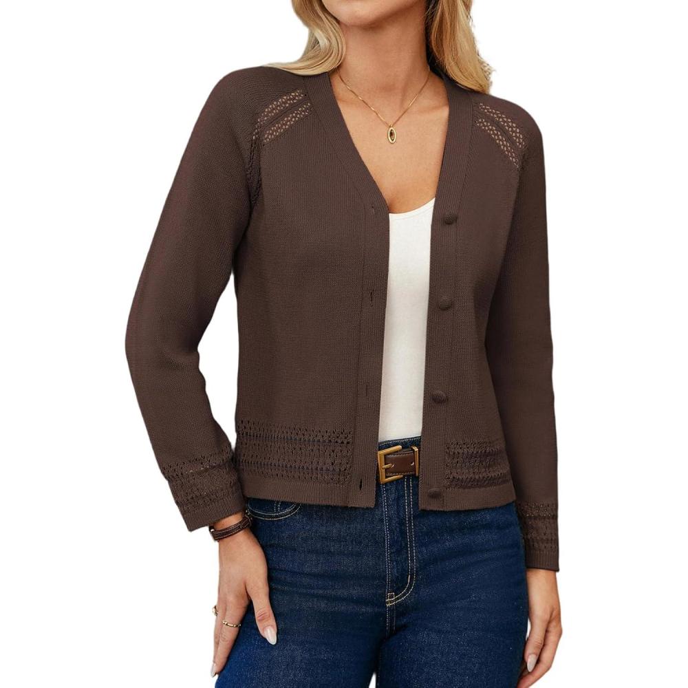 imageGRACE KARIN Cotton Cropped Cardigan Sweater for Women Lightweight V neck Button Up Sweater Spring Summer Fashion Clothes 2026Coffee