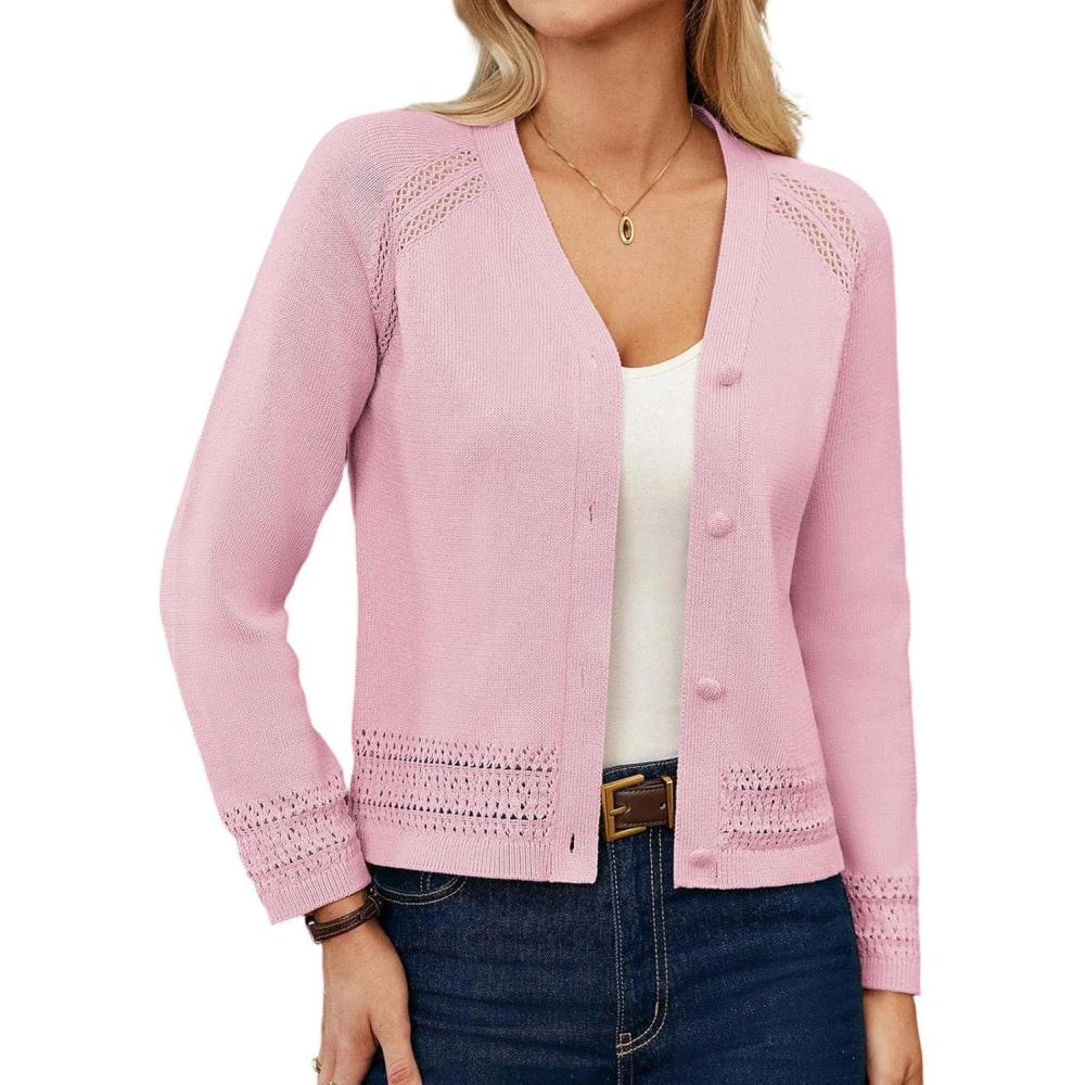 imageGRACE KARIN Cotton Cropped Cardigan Sweater for Women Lightweight V neck Button Up Sweater Spring Summer Fashion Clothes 2026Pink