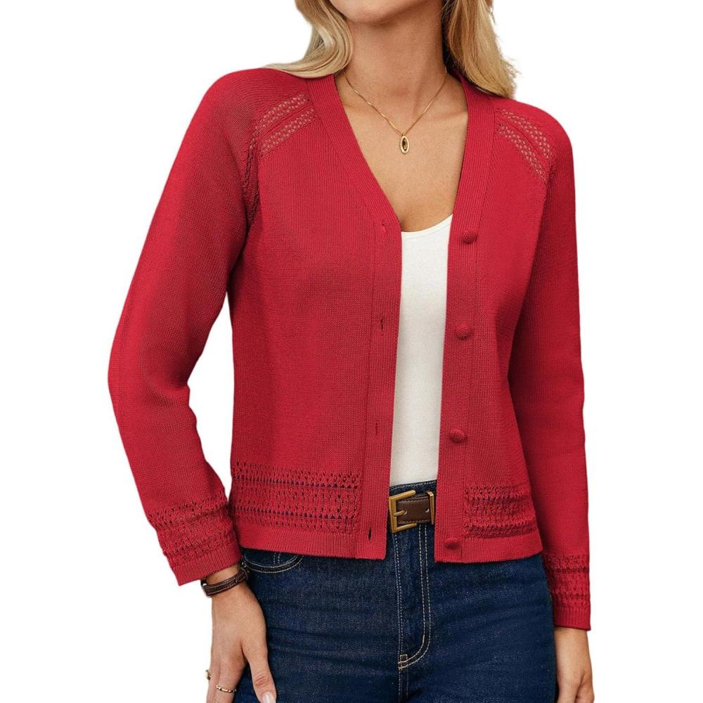 imageGRACE KARIN Cotton Cropped Cardigan Sweater for Women Lightweight V neck Button Up Sweater Spring Summer Fashion Clothes 2026Red
