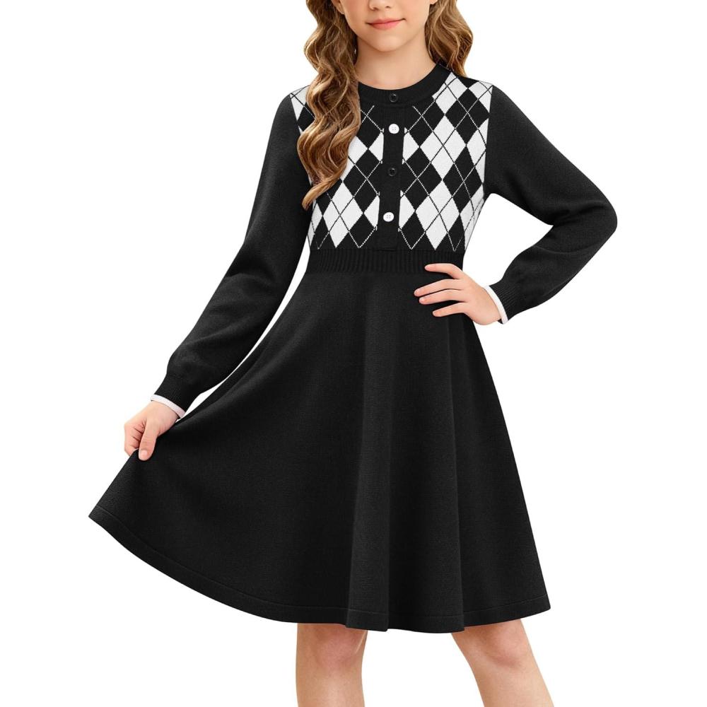 imageGRACE KARIN Girls Argyle Knit Sweater Dress Long Sleeve Fall Winter Christmas Dresses 614YBlack