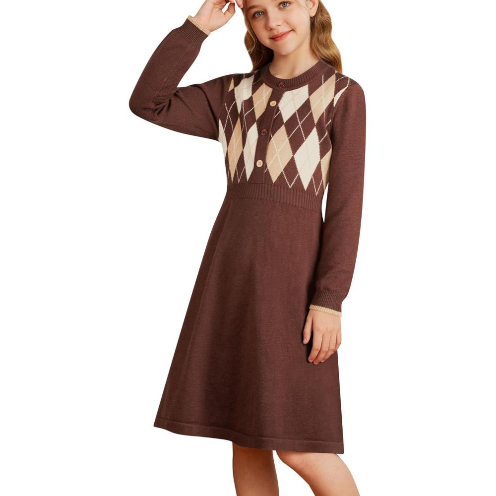 imageGRACE KARIN Girls Argyle Knit Sweater Dress Long Sleeve Fall Winter Christmas Dresses 614YClassic Check Brown