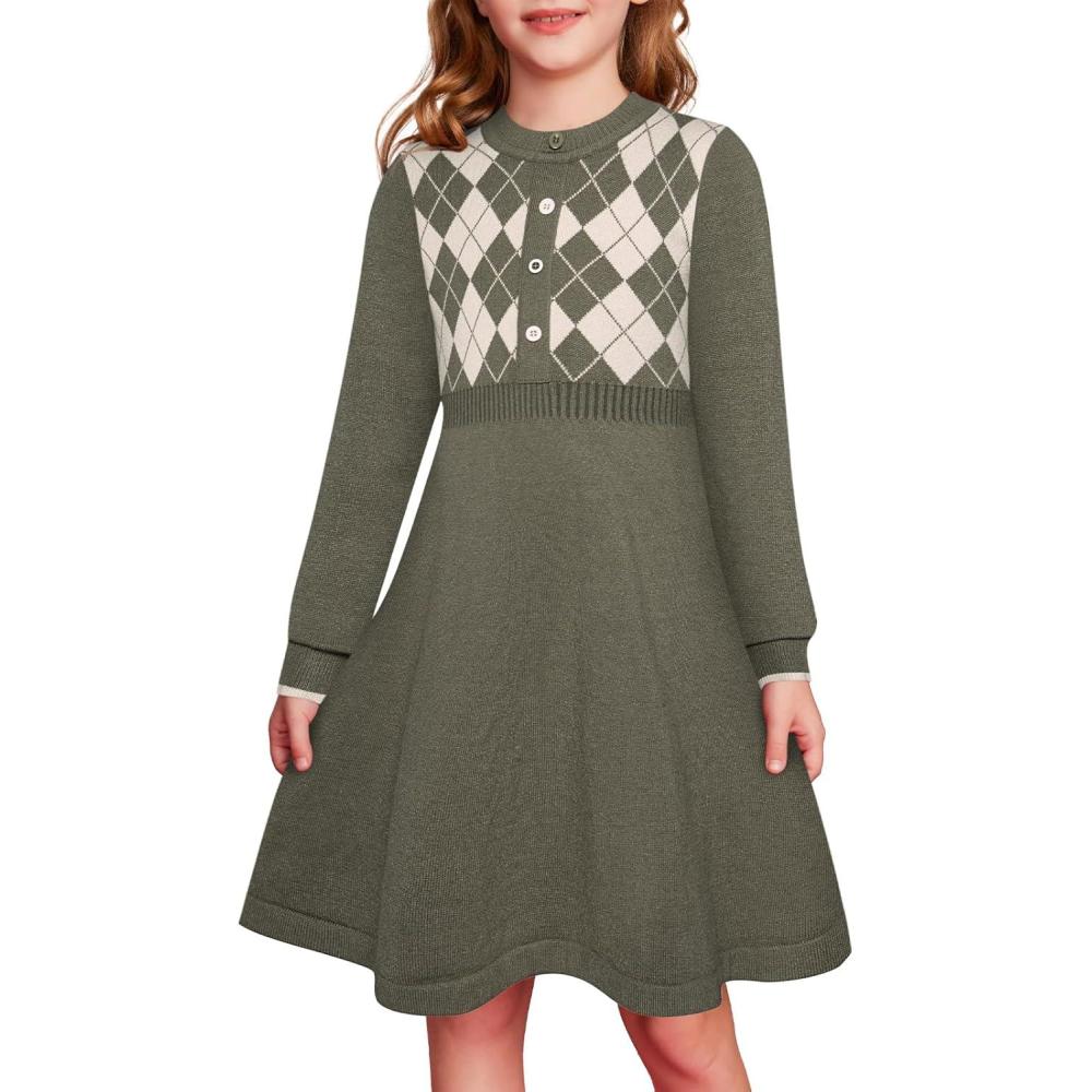 imageGRACE KARIN Girls Argyle Knit Sweater Dress Long Sleeve Fall Winter Christmas Dresses 614YDark Green