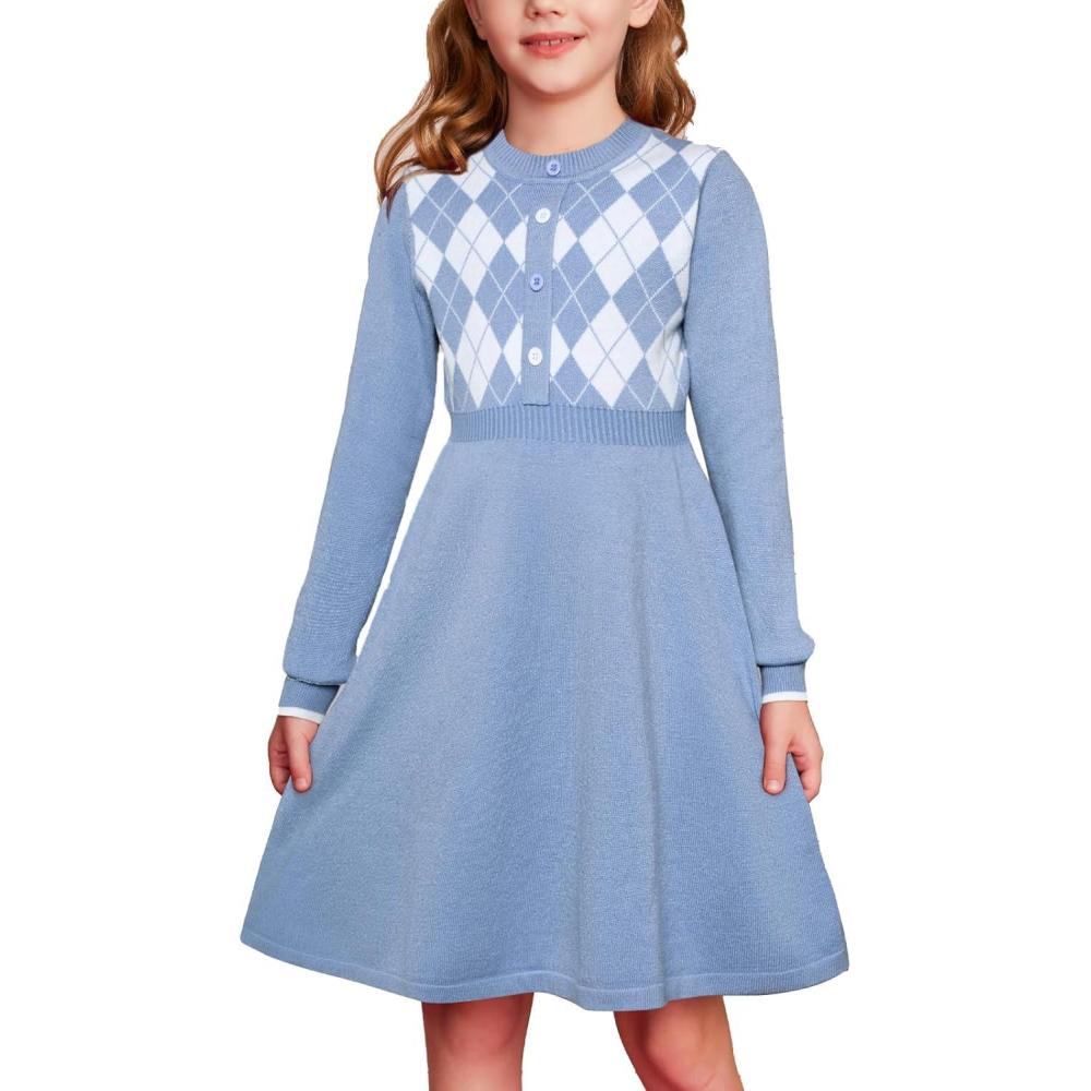 imageGRACE KARIN Girls Argyle Knit Sweater Dress Long Sleeve Fall Winter Christmas Dresses 614YLight Blue