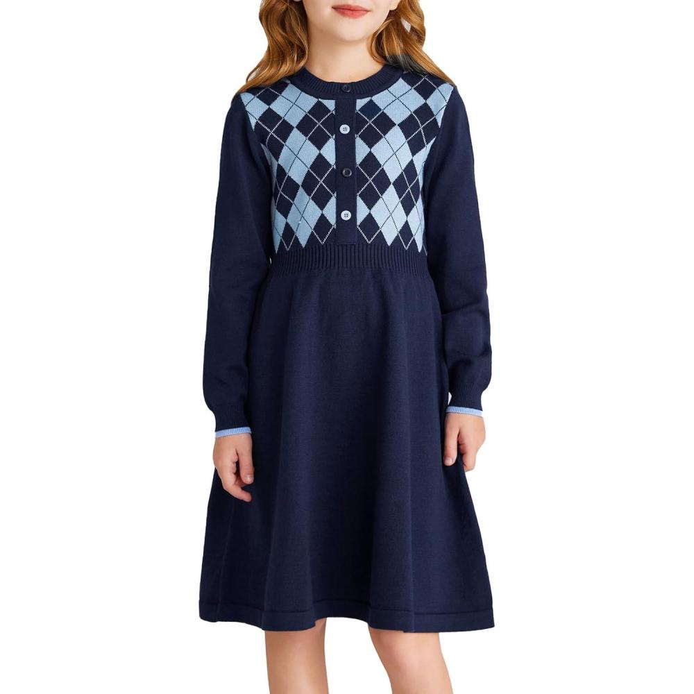 imageGRACE KARIN Girls Argyle Knit Sweater Dress Long Sleeve Fall Winter Christmas Dresses 614YNavy Blue