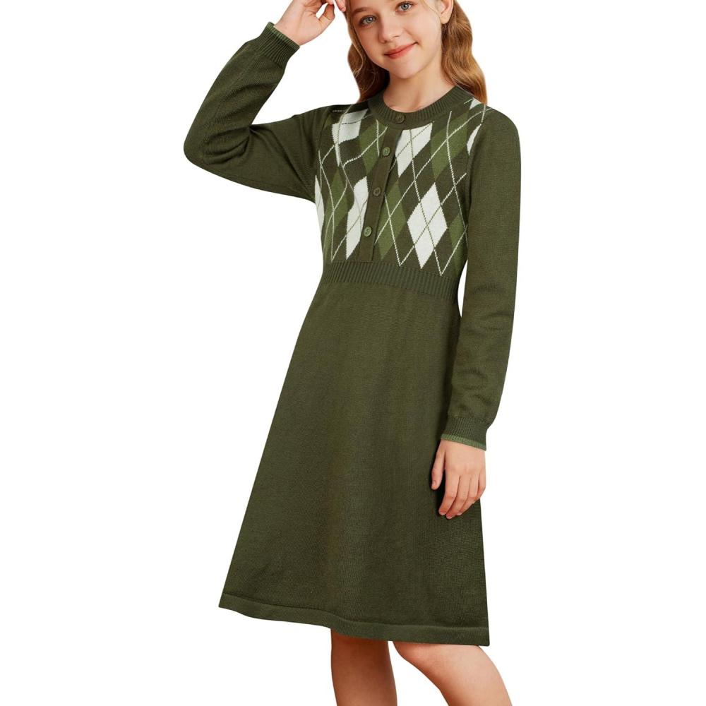 imageGRACE KARIN Girls Argyle Knit Sweater Dress Long Sleeve Fall Winter Christmas Dresses 614YOlive Green