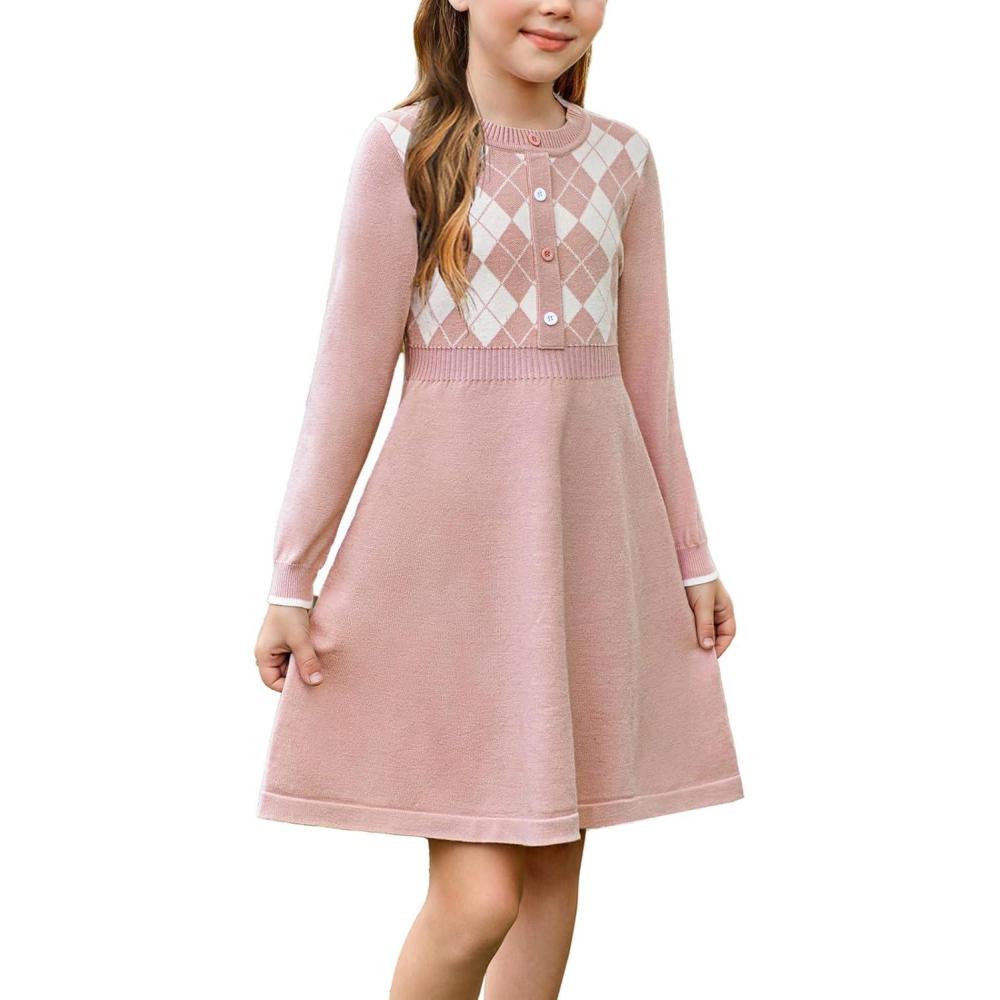 imageGRACE KARIN Girls Argyle Knit Sweater Dress Long Sleeve Fall Winter Christmas Dresses 614YPink