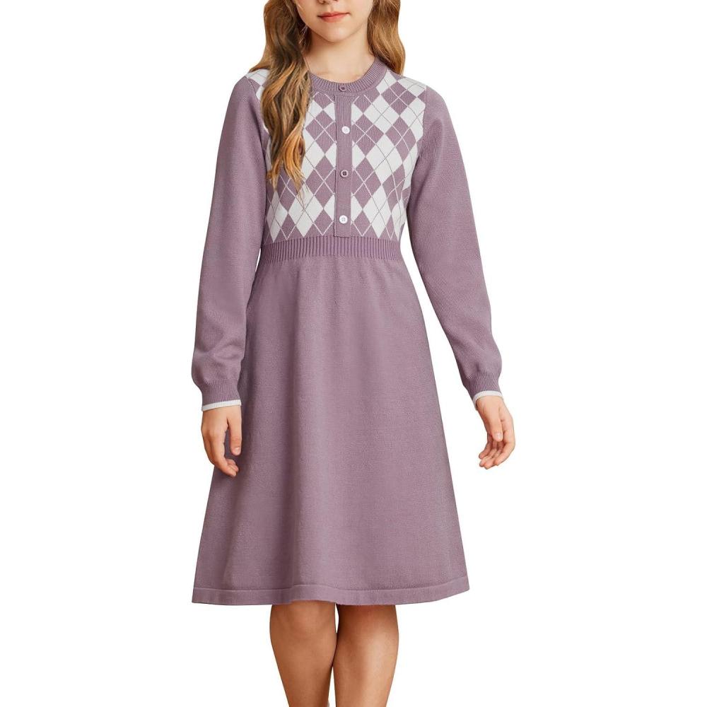 imageGRACE KARIN Girls Argyle Knit Sweater Dress Long Sleeve Fall Winter Christmas Dresses 614YPurple