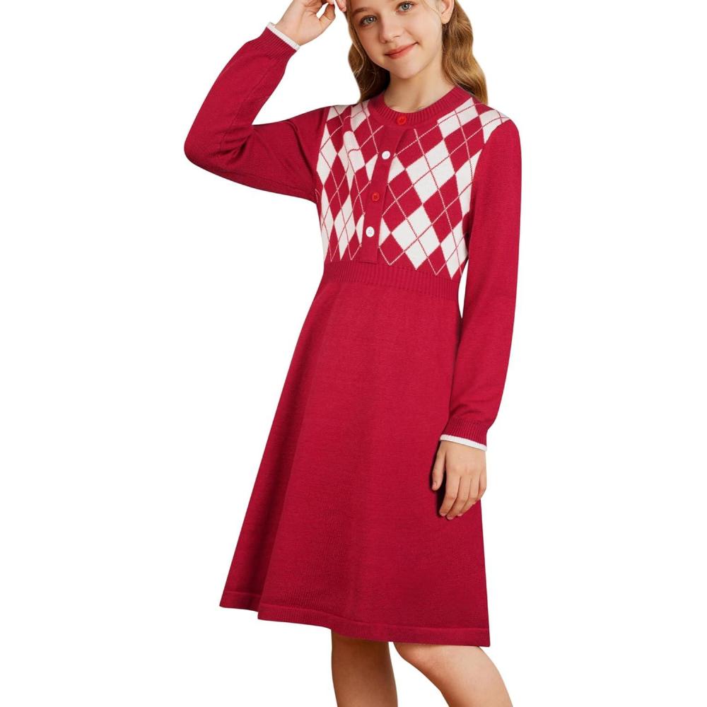 imageGRACE KARIN Girls Argyle Knit Sweater Dress Long Sleeve Fall Winter Christmas Dresses 614YRed Plaid