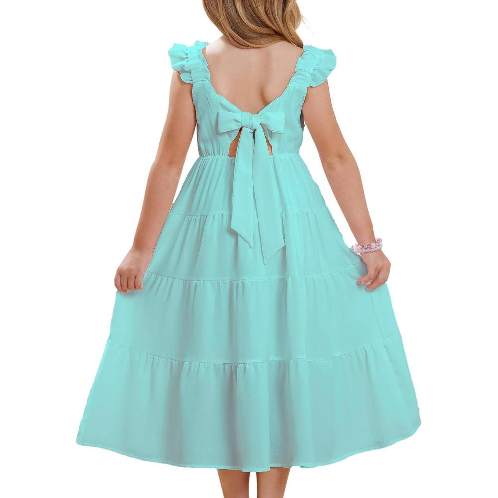 imageGRACE KARIN Girls Dress Summer Tie Back Party Dress Ruffle Sleeve Smoke Tiered Special Occasions Maxi Tween Dresses Size 514Green Blue