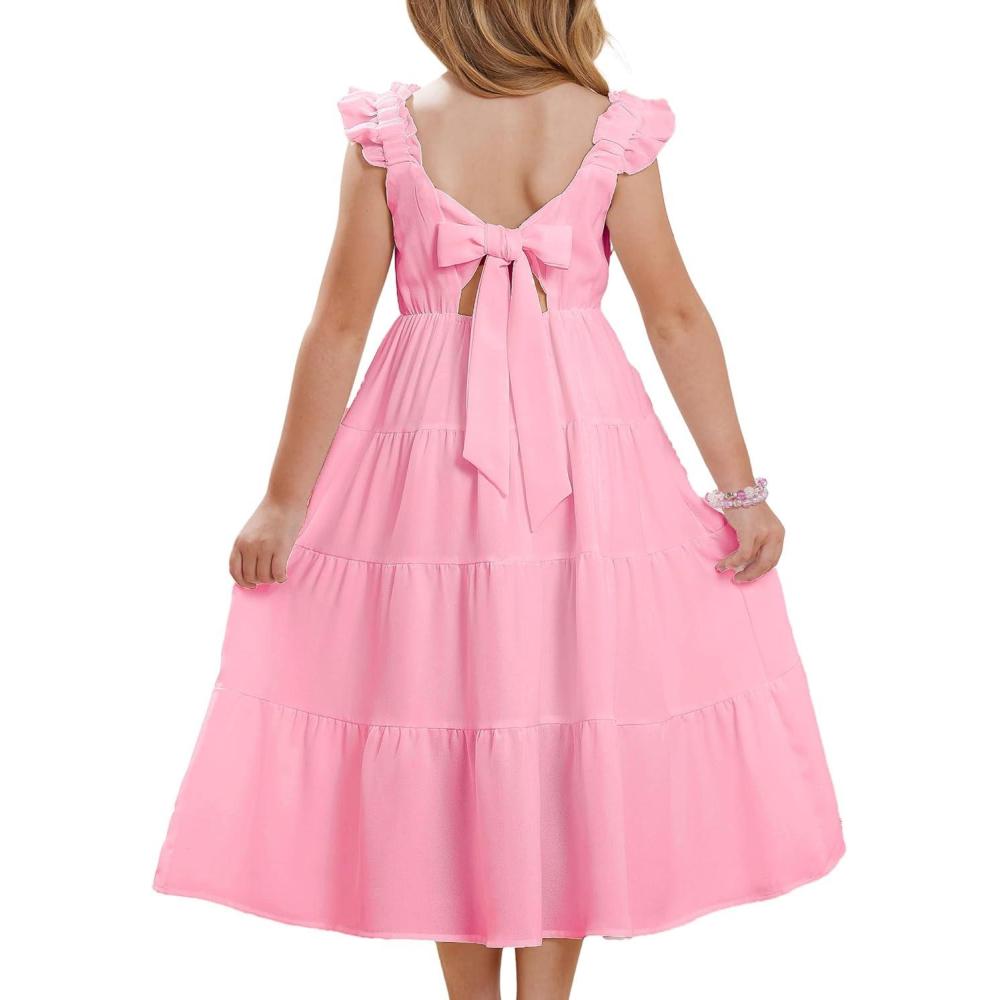 imageGRACE KARIN Girls Dress Summer Tie Back Party Dress Ruffle Sleeve Smoke Tiered Special Occasions Maxi Tween Dresses Size 514Pink