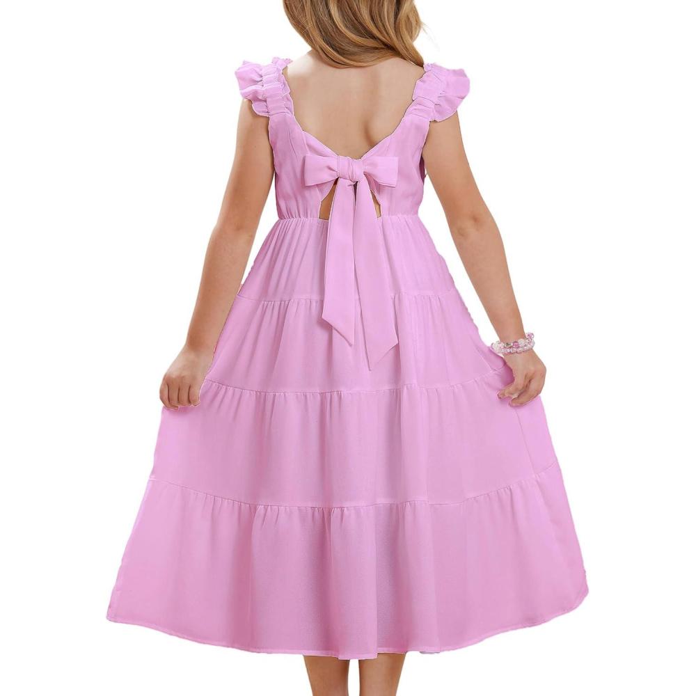 imageGRACE KARIN Girls Dress Summer Tie Back Party Dress Ruffle Sleeve Smoke Tiered Special Occasions Maxi Tween Dresses Size 514Purple Pink