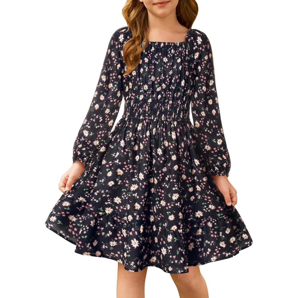imageGRACE KARIN Girls Fall Dress Floral Long Sleeve Midi with Smocked Waist for Holiday Party 614YBlack Flower