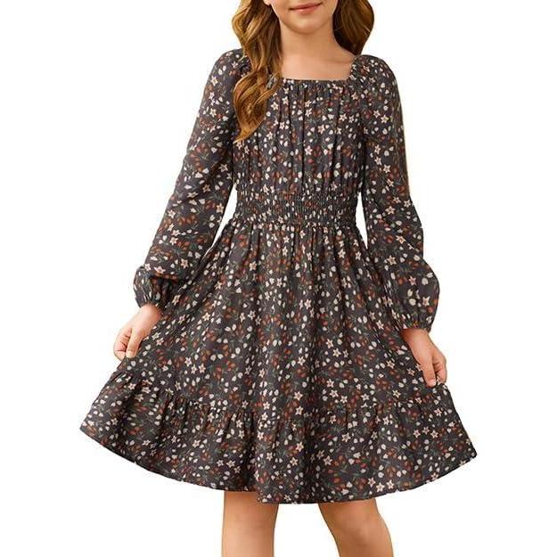 imageGRACE KARIN Girls Fall Dress Floral Long Sleeve Midi with Smocked Waist for Holiday Party 614YBrown