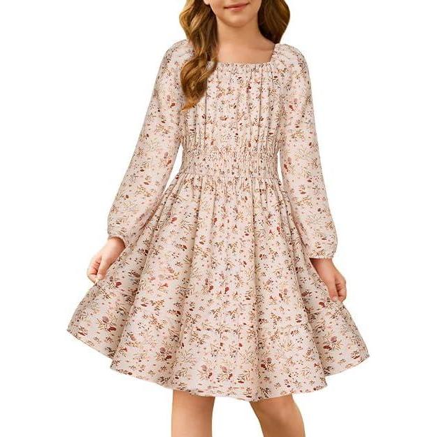 imageGRACE KARIN Girls Fall Dress Floral Long Sleeve Midi with Smocked Waist for Holiday Party 614YCream