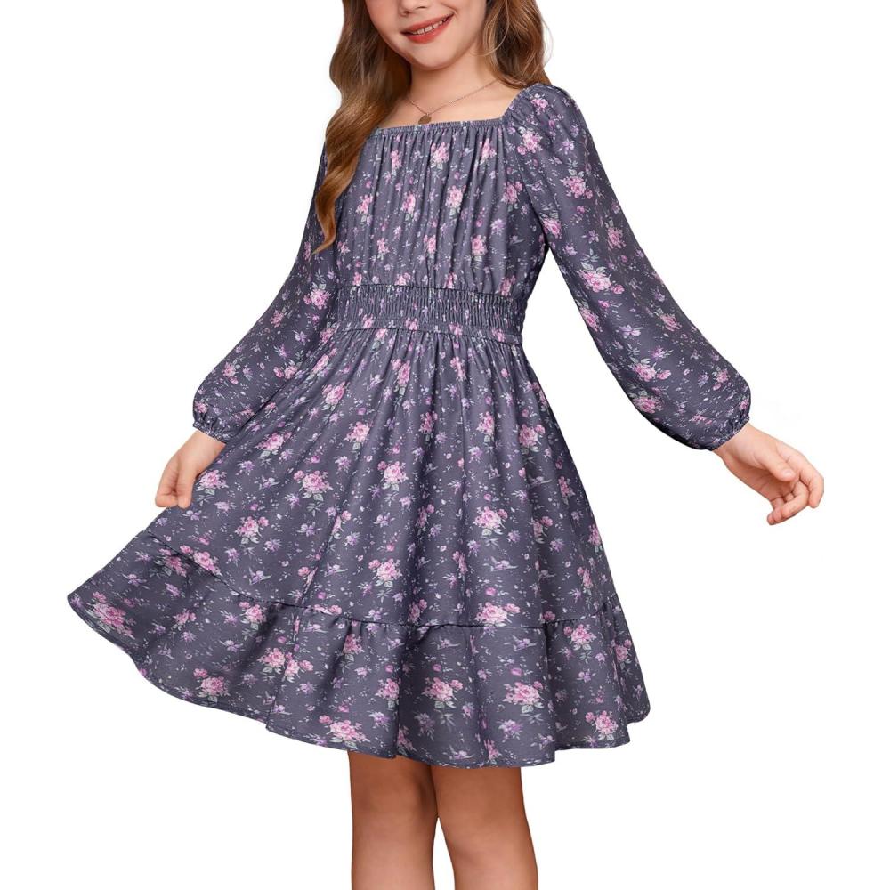 imageGRACE KARIN Girls Fall Dress Floral Long Sleeve Midi with Smocked Waist for Holiday Party 614YTwilight Bloom