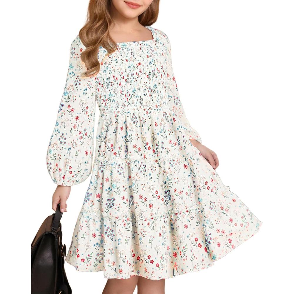 imageGRACE KARIN Girls Fall Long Sleeve Floral Square Neck Smock Tiered Casual Holiday Teen Dress Size 514Off White Floral