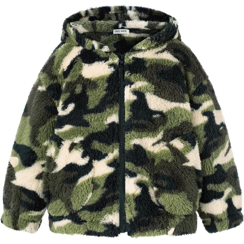 imageGRACE KARIN Girls Fleece Jacket Zip Up Sherpa Coat Kids Fall Hoodie Fuzzy Sweatshirt Size 514Army Green Camouflage