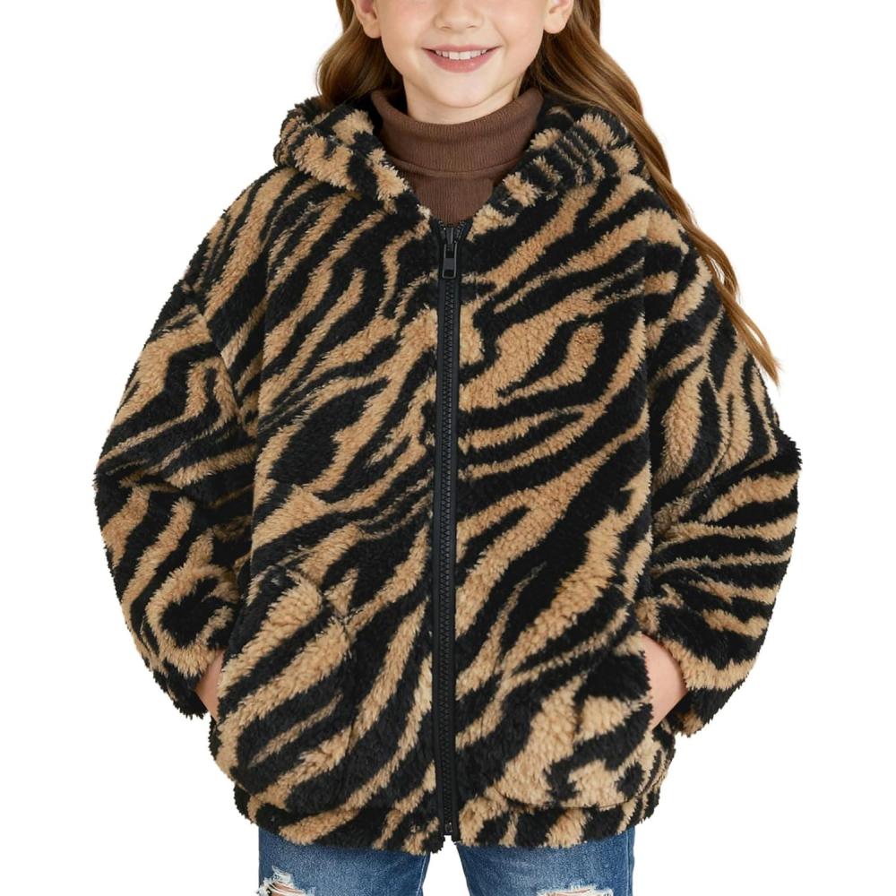 imageGRACE KARIN Girls Fleece Jacket Zip Up Sherpa Coat Kids Fall Hoodie Fuzzy Sweatshirt Size 514Brown Zebra Print