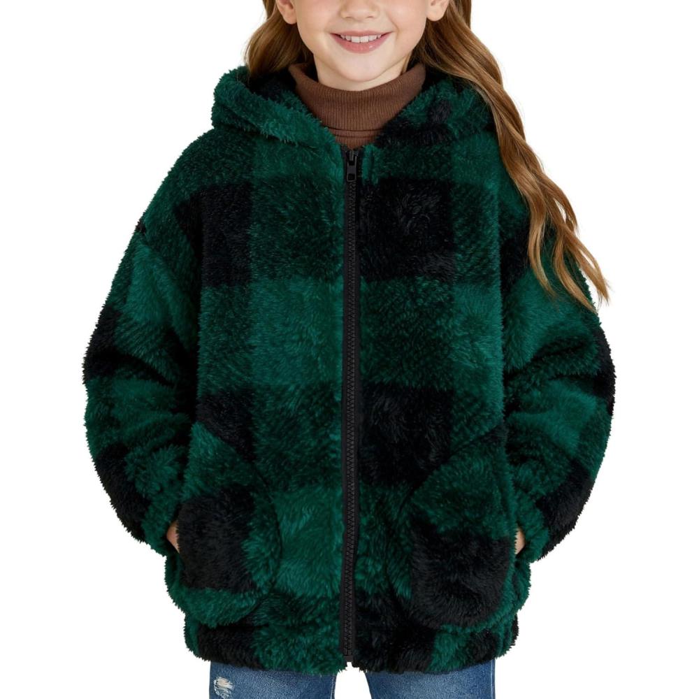imageGRACE KARIN Girls Fleece Jacket Zip Up Sherpa Coat Kids Fall Hoodie Fuzzy Sweatshirt Size 514Green Plaid