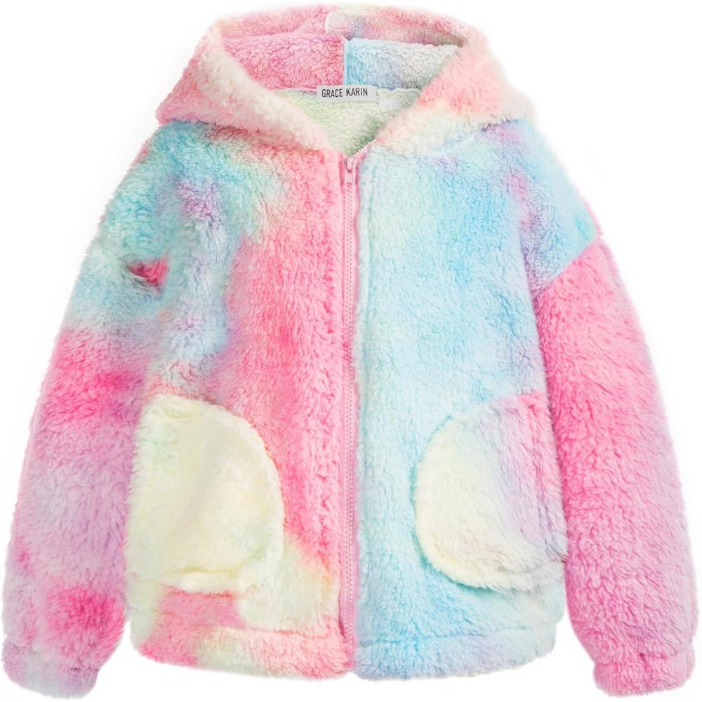 imageGRACE KARIN Girls Fleece Jacket Zip Up Sherpa Coat Kids Fall Hoodie Fuzzy Sweatshirt Size 514Pink Tiedye