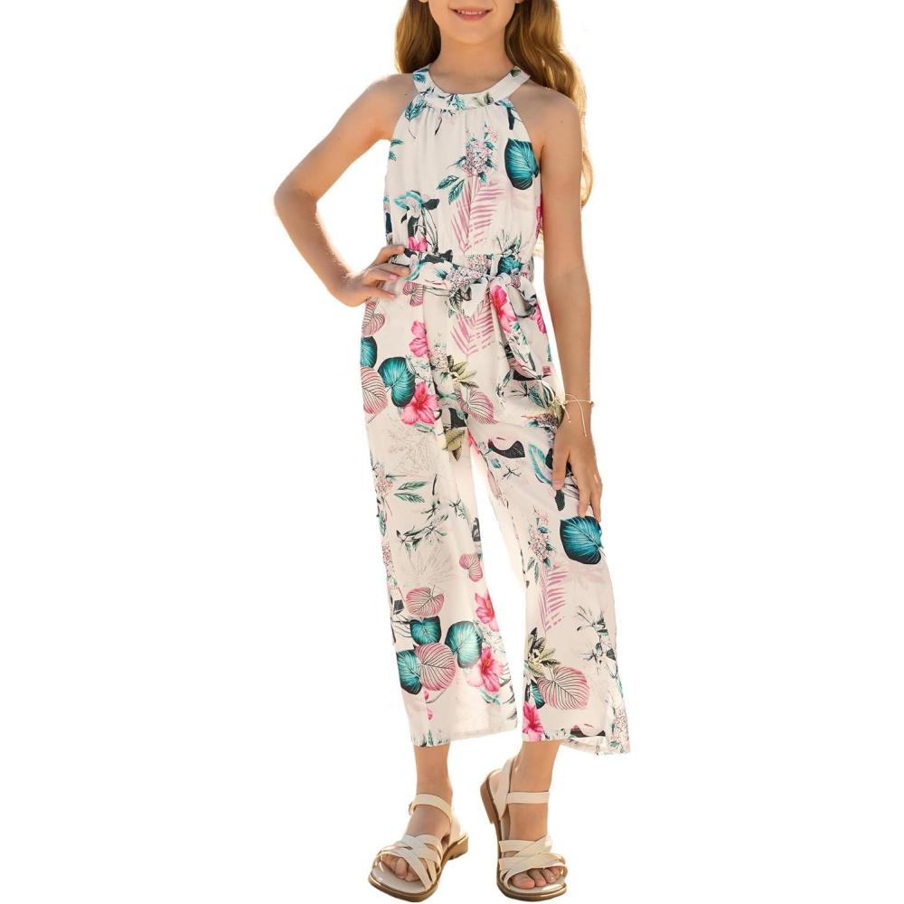 imageGRACE KARIN Girls Floral Jumpsuit Kids Halter Summer Belted Romper Wide Led Long Pants Size 714YGreen and Red