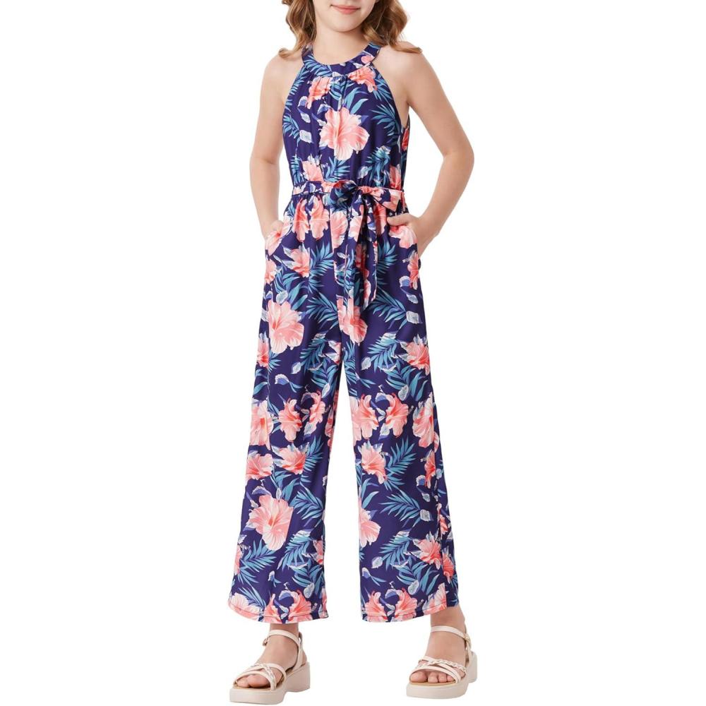 imageGRACE KARIN Girls Floral Jumpsuit Kids Halter Summer Belted Romper Wide Led Long Pants Size 714YNavy Blue and Pink
