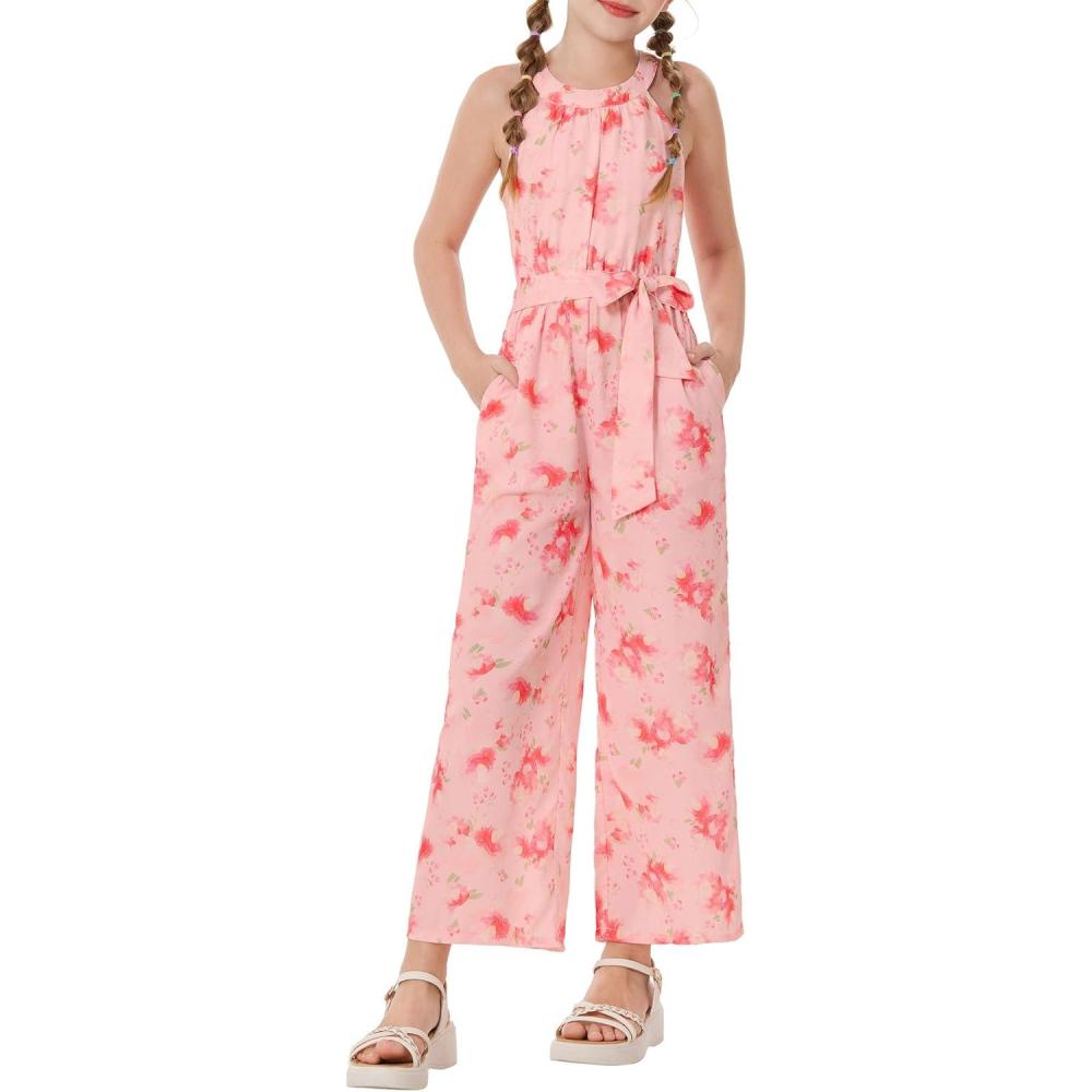 imageGRACE KARIN Girls Floral Jumpsuit Kids Halter Summer Belted Romper Wide Led Long Pants Size 714YPink and Red