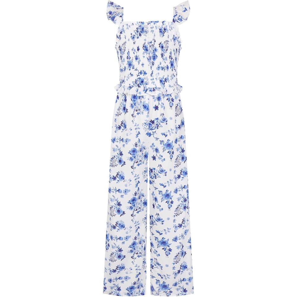 imageGRACE KARIN Girls Floral Jumpsuit Outfits Fashion Hawaiian Casual Ruffle Straight Wide Leg Pants Rompers 714 YearsBlue Floral