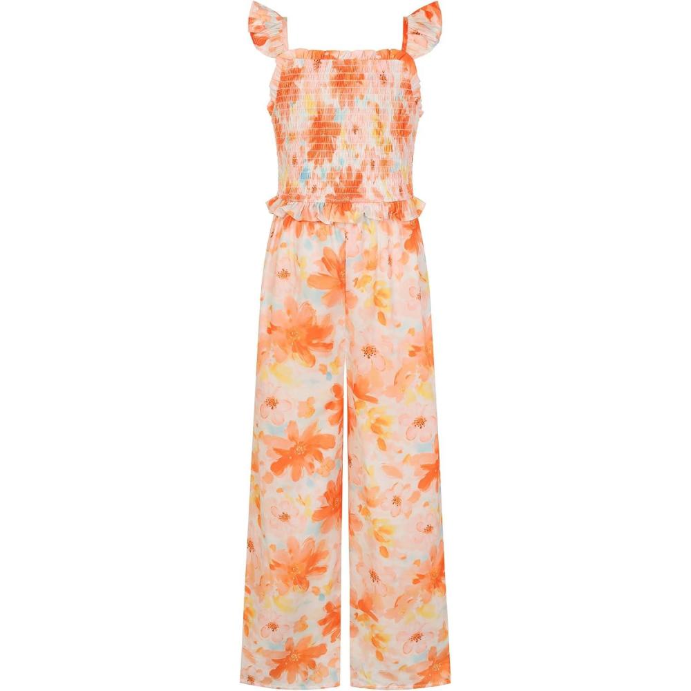 imageGRACE KARIN Girls Floral Jumpsuit Outfits Fashion Hawaiian Casual Ruffle Straight Wide Leg Pants Rompers 714 YearsOrange Floral
