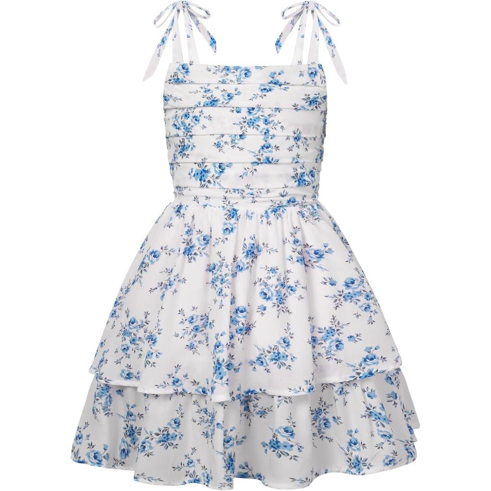 imageGRACE KARIN Girls Floral Smocked Dress Summer Layered Tie Shoulder Bowknot Flowy Dresses for 714 YearsBlue