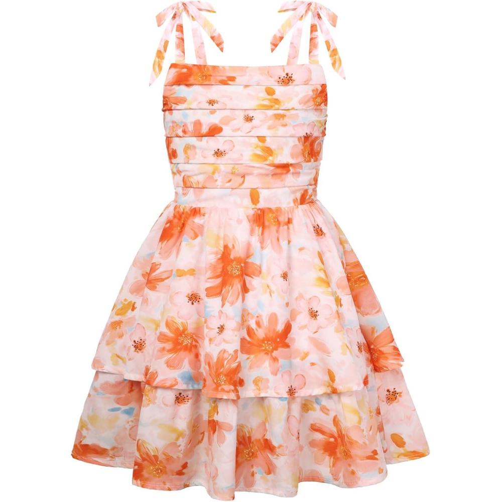 imageGRACE KARIN Girls Floral Smocked Dress Summer Layered Tie Shoulder Bowknot Flowy Dresses for 714 YearsOrange
